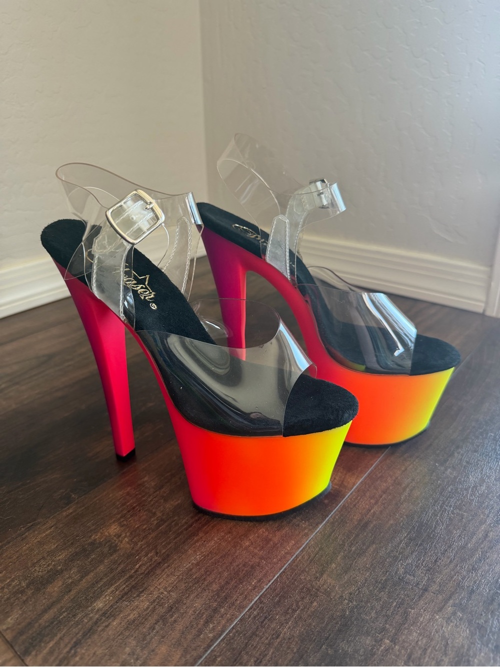 Clear Strap Pleaser Platform Heels with Neon Ombre Platform - Women